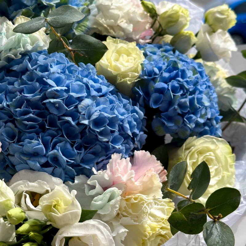 Букет с гортензией и гвоздиками 3