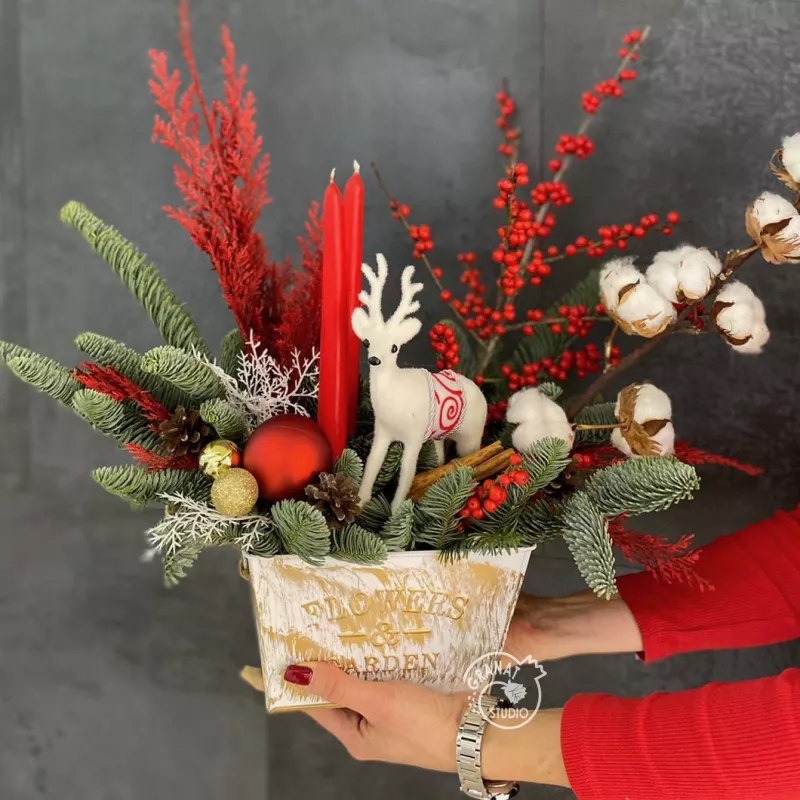 Композиция из натуральной ели в коробке &laquo;Красно-белая&raquo;