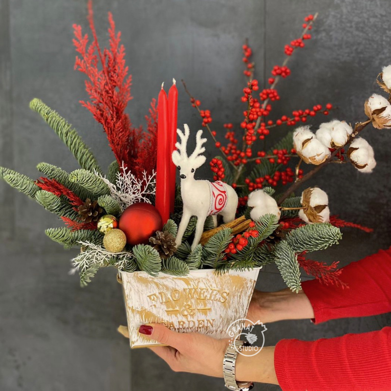 Композиция из натуральной ели в коробке &laquo;Красно-белая&raquo;